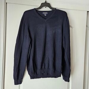 Brooks Brothers Stretch Mens XL Navy‎ Blue Sweater Merino Wool Blend V-Neck HOLE